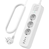 JSVER Power Strips Sockets, USB C Power Strip with 3 AC Outlets and 4 USB Multiple Plug, 3680W/16A, Surge Protection, 2 M Str