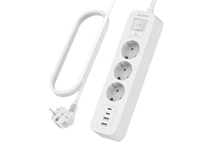 JSVER Grenuttag med 3 Uttag, Väggadapter med 4 USB-laddningsportar (2A + 2C) (5V 2.4A), Adapterkontakt med Strömbrytare, Adapteruttag för bärbar dator och - Vit (2M)