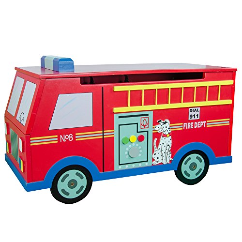 Teamson Kids Childens Wooden Large Storage Treasure Fire Engine Toy Trunk Toy Box Chest On Wheels W-4007A