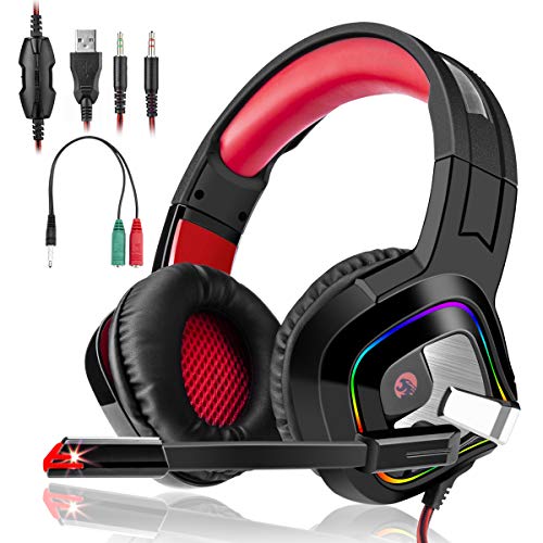 3InDn Auriculares Gaming Estéreo Cascos Gaming Adjustables con LED y Micrófono Omnidireccional Reduccón de Ruido para PC, PS4, Nintendo Switch,Tableta y Móvil Color Rojo