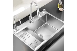 HaTur Evier de Cuisine en Acier Inoxydable Évier 1 bac avec 3 Trous de Montage 60 * 45 cm Evier de Cuisine Kit (Argent)