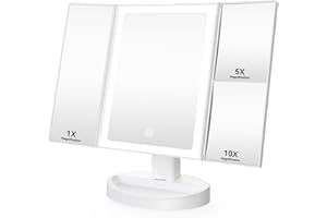 Auxmir Espejo Maquillaje con Luz, 1X/5X/10X Espejo Aumento de Mesa Tríptico, 34 Luces LED con Pantalla Táctil Ajustable, Giratorio 180°, Blanco