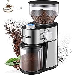 Aicok Moulin à Café Électrique 14 Tasses, 18 Réglages D'épaisseur en Capacité de 250 Grammes, Broyeur Conique à Graines de Lin, Noix, Poivre, Épices - Inox, 220W, Argent