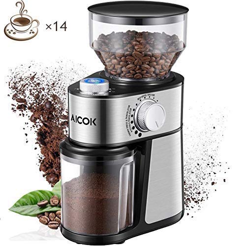 Aicok Moulin à Café Électrique 14 Tasses, 18 Réglages D'épaisseur en Capacité de 250 Grammes, Broyeur Conique à Graines de Lin, Noix, Poivre, Épices - Inox, 220W, Argent