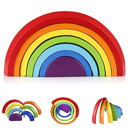 Preisvergleich Produktbild Bausteine Spielzeug Holz Regenbogen Bogenbrücke Gestapelt Geometrische Blöcke Vorschule Lernen Lernspielzeug Pädagogisches Puzzle für Kinder