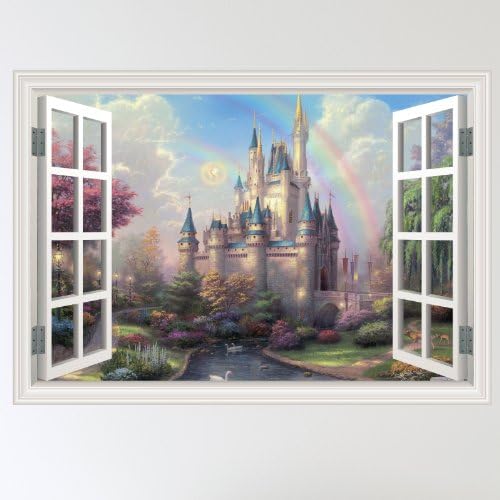 Full Colour Fairy Castle Mystical Window Scene Wall Sticker Decal Wall Art Girls Room (W70xH49cm)