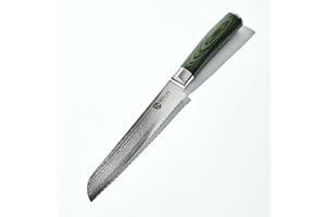 HexClad Cuchillo para Pan de 20 cm, Hoja de Acero Inoxidable de Damasco Japonés, Mango de Madera de Pakka
