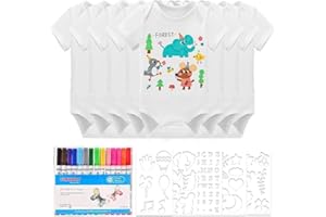HENGBIRD Lätzchen zum Bemalen Kurzarm Baby Body 8er Set Babyparty, Lätzchen Baby mit 8 Kurzarmbody (38 x 21 cm) 100% Bio Baumwolle Bunte Textilstift mit Schablonen für Babyparty Spiele Babyshower Strampler
