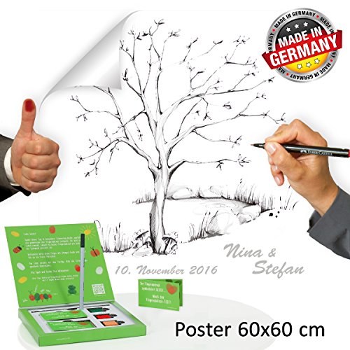 Hochzeitsbaum Fingerabdruck *60×60* mit NAMEN & DATUM – INKL Zubehör-Set GRATIS (Stempelkissen+Stift+Anleitung+…) + PORTOFREI – Wedding Tree Zeichenstil grau – Fingerabdruck Poster – Hochzeitsspiel und Hochzeitsgästebuch in Einem – Hochzeitsbaum Fingerabdruck – Wedding Tree Zeichenstil grau INDIVIDUALISIERT mit Namen & Datum - 2