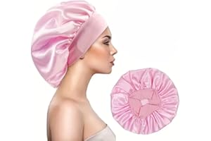 IMAXWAVE Gorro de satén para dormir cabello rizado con banda elástica ancha, anti frizz, protector de rizos y retención de humedad para mujeres y niñas, Gorro de ducha, Elástico, Rosa