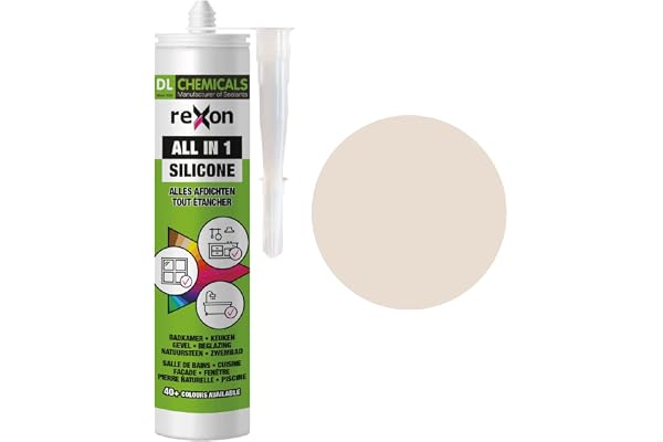 REXON Mastic Silicone Tout Usage - Beige clair - Sanitair/Bain & Cuisine/Carrelage/Bâtiment - Extérieur et intérieur - Convient au bois, pierre et travertin (290 ml)