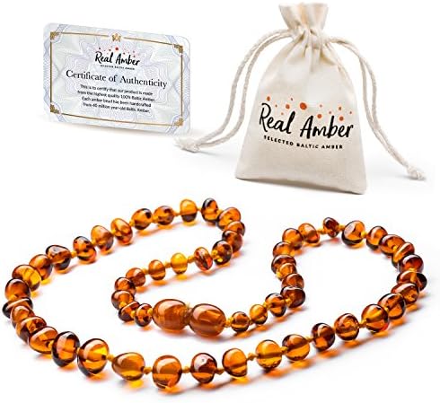 Amber Necklace - PREMIUM Authentic Certified Baltic Amber Beads / Extra Safe Hypoallergenic Clasp / Double Knotted Polished Amber Beads / Cute Charming Cognac Handmade Jewellery / 33 cm