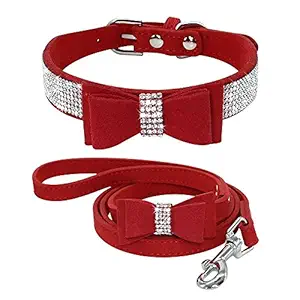 Beirui Rhinestone Bling Leather Dog Collar& Leash - Red Soft Flocking Sparkly Crystal Diamonds Studded - Cute Double Bowknot - Perfect 4 Foot for Pet Show & Daily Walking Neck for 8-10