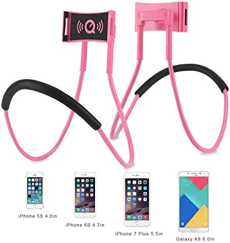 MissLuen Lazy Neck Phone Hanging Holder,Long Arm 360 Rotation Flexible Mini ipad Mount ,Support All 4.5 to 6.0 Smartphones and iPads Bracket for Bed,Table,Kitchen,Bathroom, Restaurant,Car,Office (pink)