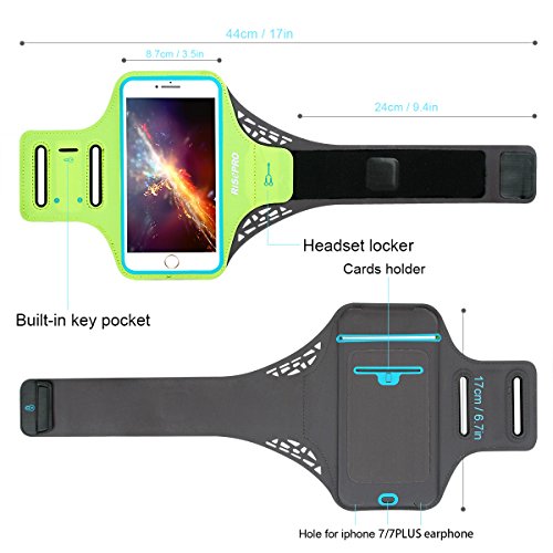 iPhone 7Â Plus Armband, Risepro iPhone 6Â Plus riconoscimento delle impronte digitali sostenuto da braccio per la corsa, allenamento, leggero, traspirante, in lycra, tasca nascosta, portachiavi, taglio auricolare per iPhone/Galaxy Note 5Â (14Â cm) e altri smartphone