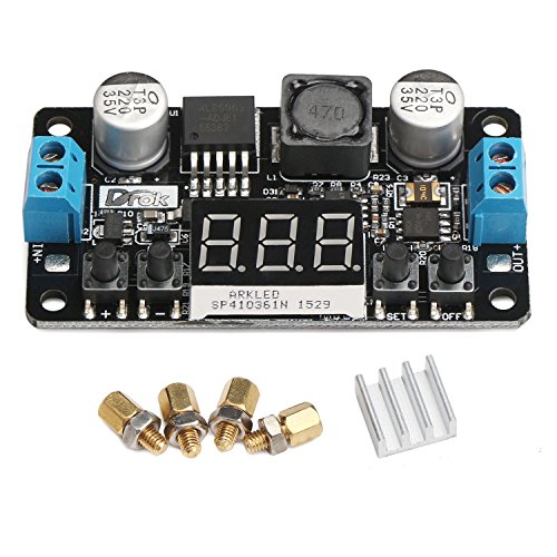 DROK® LM2596 DC 5/12 Volt Einstellbare Spannungsregler mit Kühlkörper und Schraube 5-32.0V zu 0-30.0V DC Buck Converter Autobatterie Step-down Stromversorgungsmodul + Rote LED Voltmeter