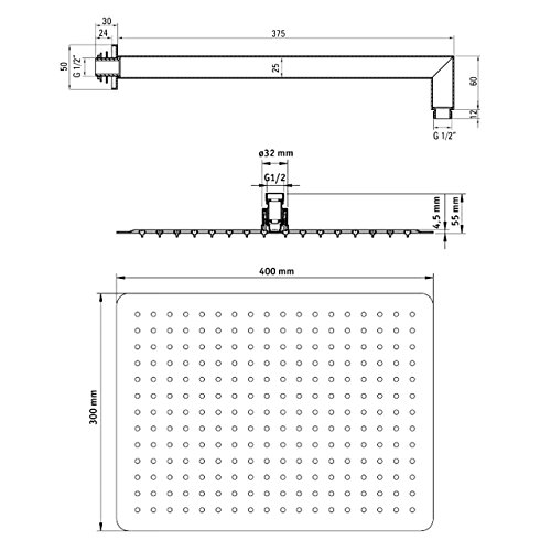 Komplettset – Flacher schwenkbarer eckiger massiver Regenduschkopf 300x400mm mit 234 Anti Kalk Wasserdüsen inkl. Wandrohr – aus Metall - 4
