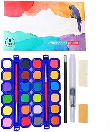 Watercolor Paint Set, Includes 24 Colors, 2 Professional Paint Brushes,1 Water Brush ,Plastic Palette Lid Case. This Fundamentals Watercolor Pan Set is Perfect Gift for Kids, Beginners, Student, or Professional Artist