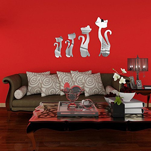 Walplus Spiegel Wall Art „Katzen Aufkleber Abnehmbare Wandbild Aufkleber Vinyl Home Dekoration DIY Living Schlafzimmer Décor Kids, Silber - 4