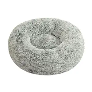 Lacher Donut Pet Bed Round Cushion Marshmellow Faux Fur Cuddler, Calming Fluffy Comfy Bed for Dog and Cat (23 in, White Grey)
