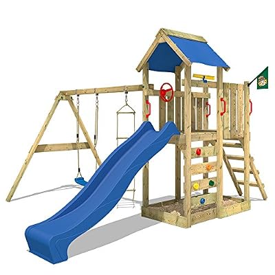 WICKEY Aire de jeux MultiFlyer Portique de jeux en bois Tour d'escalade avec balançoire, toboggan bleu, mur d'escalade, échelle de cordes, bac à sable + Accessoires
