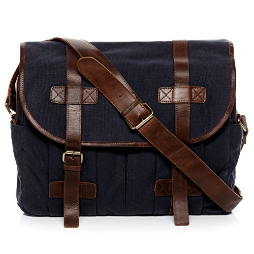 Sid   Vain Messenger Bag Chase- Umhaengetasche Gross - Notebook-Tasche Echt Canvas-Leder Blau-Braun