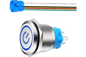 Gebildet 0.87''/22mm Stainless Steel Latching Push Button Switch 230V AC 3A Power Symbol LED 1NO1NC SPDT ON Off Waterproof Toggle Switch with Wire Socket Plug (Blue LED)