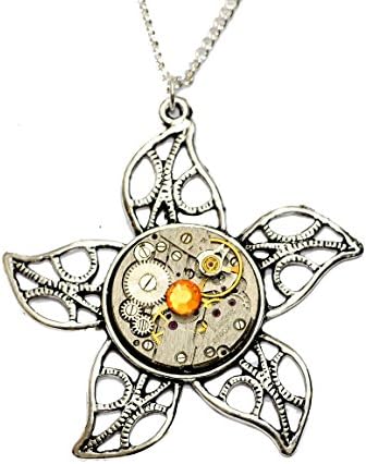 Tibetan Silver Steampunk Flower Watch Movement Necklace. Hand Made in Cornwall, UK