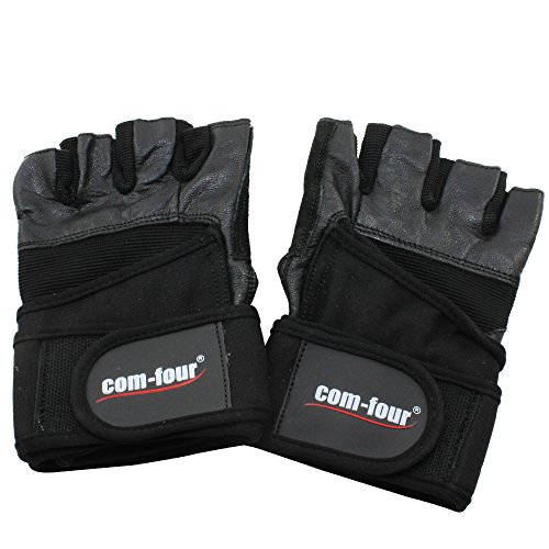 Fitness-Sport-Handschuhe für Krafttraining und Bodybuilding mit Handgelenkumwicklung aus Leder Schwarz (Größe: L) - 5