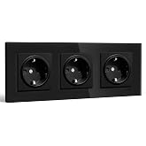 BSEEDLIFE Wall Socket, European Standards Schuko Sockets, 228 x 86 mm 3 Gang 16A, Glass Frame, Easy Installation, Black