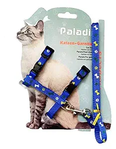 Pet Monastry Cat Adjustable Nylon Harness Strap Collar with Leash Set Small Pet Walking Body Harness Set for Cats and Kitten (Blue, Printed)