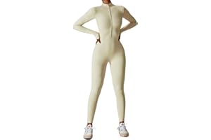 Belriviere Women Long Sleeve Workout Jumpsuit Zip Up Romper Bottom Pants Bodysuit Bodycon Athletic Sexy One Piece Outfit