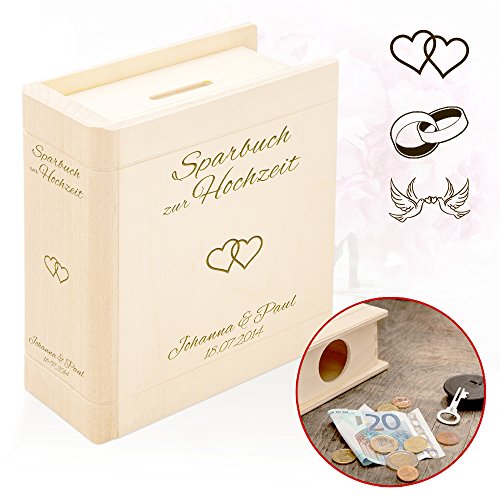 Spardose Buch aus Holz mit Gravur zur Hochzeit – Motiv Herzen – Personalisiert mit Namen und Datum – Sparbuch als Hochzeitsgeschenk – Geldgeschenk-Sparbüchse aus Ahornholz – 13,5 x 16,5 x 6,5 cm - 2