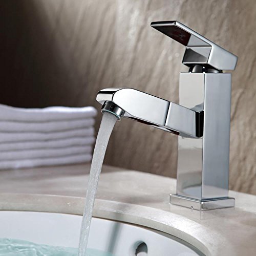 Homfa ausziehbare Küchenarmatur, Waschtischarmatur, Wasserhahn, Einhandmischer mit Schlauch-Brause, Keramik Kartusche, Messing verchromt - 3