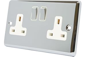 ALLIANCE ELECTRICAL AET CPC2GSOCWC Polished Chrome Classical 2 Gang White Insert Metal Rocker Switches-13 Amp Double Plug Socket