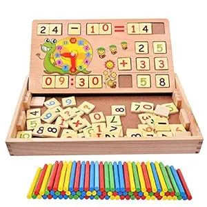 KIDZBELL Wooden 2 in 1 Multi Functional Digital Computing Learning Blocks Box with Writing Board ,Sticks, Chalks,Clock Educational Toy for Kids Numbers Learning Toy for Boys|Girls|Children