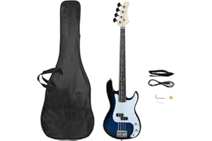 Bonnlo Electric Bass Guitar 4 Strings Full Size for Beginner Exquisite Basswood Burning Bass with Bag, Strap and Accessories (Dark Blue)