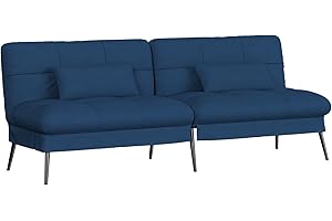 COMHOMA Divano Letto 2 Posti Pieghevole Letto Mobile Imbottito e Spalliera Divanetto Reclinabile Moderno con Gambe in Metallo Materasso ‎174 x 72 cm da Soggiorno e Degli Ospiti Blu Navy