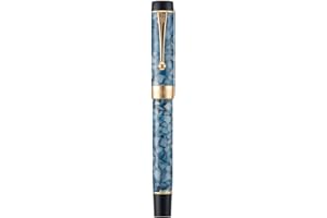 LANXIVI Jinhao Classic - Juego de pluma estilográfica clásica con borde dorado de celuloide azul y blanco, punta extrafina con conveter y estuche para bolígrafo