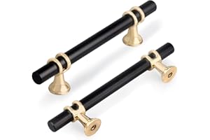 GUWINA 6 Pieza Tiradores Armarios Cocina Barra T 96mm, Moderna Manijas Armarios Tiradores Para Cajones Muebles Dormitorio Aleación De Zinc Sturdyy Tirador Puerta con Tornillos,Negro con Base Dorados