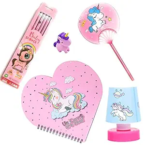 Le Delite combo including unicorn heart shaped spiral diary/diary for girls/ cute diary for girls stylish + unicorn fan pen + unicorn lamp + unicorn pencils with eraser tip + unicorn eraser / unicorn stationery