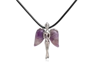 SWEET & HAPPY GIRL'S STORE SHGbeads Chakras Gemstone Zinc Alloy Angel Fairy Natural Amethyst Quartz Wing Healing Pendant Necklace Leather Chains 16" Adjustable Trendy