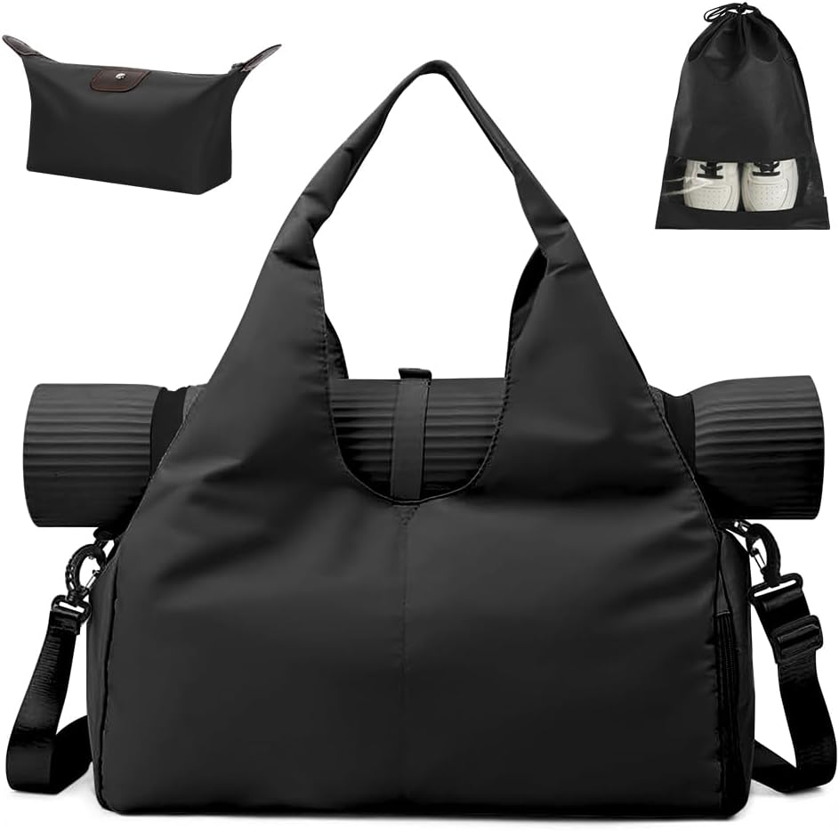 Aucuu Bolsa Deporte Gym, Bolsa de Fitness Deportiva y Yoga con Compartimento para Zapatos Bolsillo Húmedo, Gran Alfombra para Pilates,Bolsillo Laterales Botellas de Agua,Esterilla de Yoga no Incluida