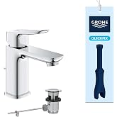 GROHE Dice Single Lever Sink Tap S with Automatic Vacuum (Ceramic Cartridge 28 mm, Water Saving, 3/8 Inch Connections, Easy t