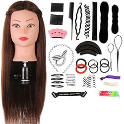 Cabeza de Maniquí Neverland 61 cm 60% Cabello Humano Real Practicas Formación Muñeca de la Cosmetología práctica maniquí para Peluquería con Soporte + Accesorios de Peinado DIY