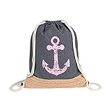 Turnbeutel Hipster – Sportbeutel für Kinder und Erwachsene von 0 bis 99 – Beutel/Tasche mit Anker Aufdruck (Dunkelgrau-Rosa Anker)