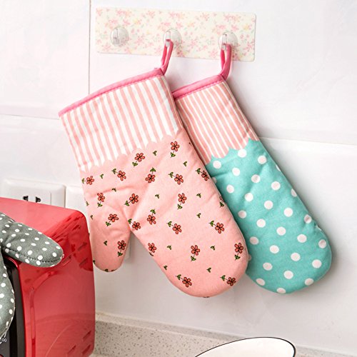 1 Paar Hitzebeständig Ofenhandschuhe Verdickte Hitzeresistente Topflappen Backhandschuhe aus Baumwolle und Polyester (3#) – Gepunktet Türkis - 6