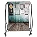 Produktbild Drawstring Backpacks Bags,Clock Decor,A Vintage Clock and Empty Picture Frames in an Old Room Wooden Backdrop,Green and Brown Soft Satin,5 Liter Capacity,Adjustable String Closure,