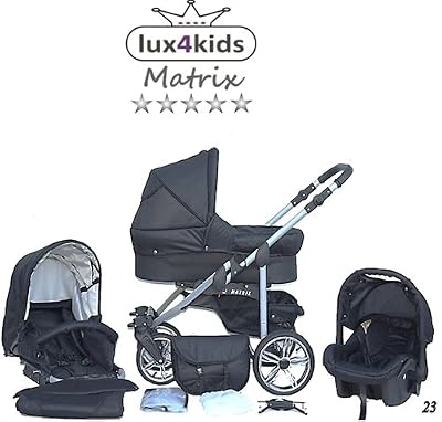 Chilly Kids Matrix II 3 en 1 Poussette combinée (siège auto inclus les adaptateurs, habillage pluie, moustiquaire, roues pivotantes 62 couleurs) 23 noir & noir