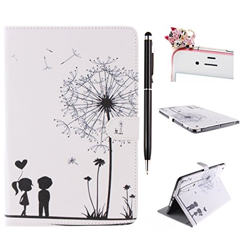 iPad mini Lederhülle - Felfy Slim Full Body Schwarz Löwenzahn Girl und Boy Fall in Love Muster PU Case Etui Schutz Hülle für ipad mini 3 mini 2 mini 1 + 1x Pink Katze Anti Stöpsel + 1x Black Stylus